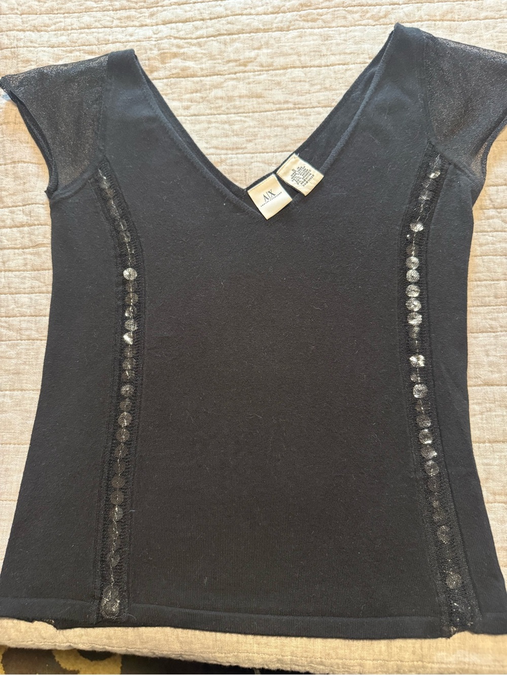 Armani Exchange Black V-Neck Sequin Trim Top, Size S